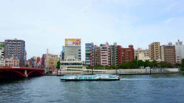 Tokyo, Japan - Sept 13 2018: Landscape of Sumida river with pleasure boat, Asakusa