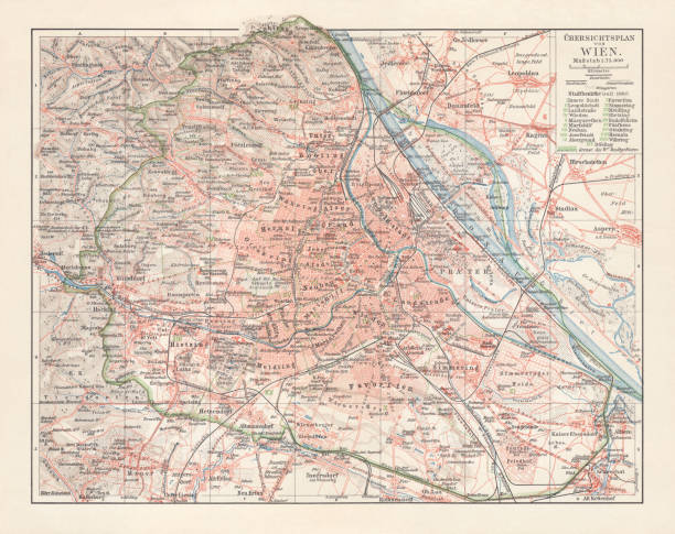 ilustrações de stock, clip art, desenhos animados e ícones de map of vienna and surroundings, capital city of austria, 1897 - austria vienna map horizontal