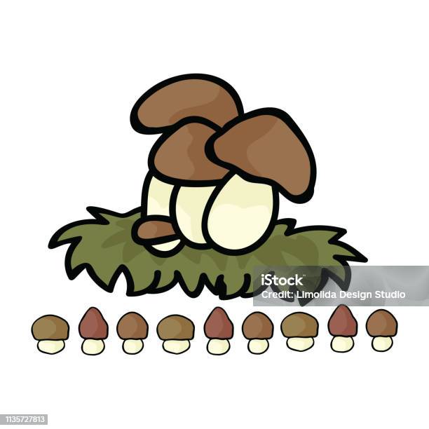 Cute Ceps Mushroom Cartoon Vector Illustration Motif Set Stock Illustration - Download Image Now