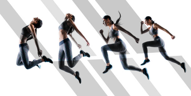 istock Ready steady go! Concept of endurance strength persistence in sport. Full length full size portrait beautiful sporty energetic active purposeful sportswoman running jumping isolated white background 1135729708