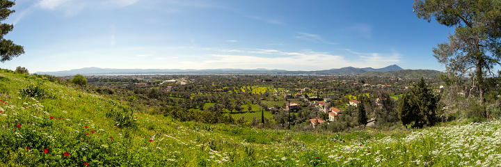 Panoramic view from the height of the island of Evia, Greece on a Sunny spring day