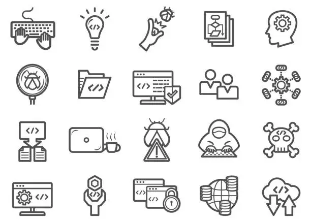 Vector illustration of Developer and Programmer Coding Line Icons Set