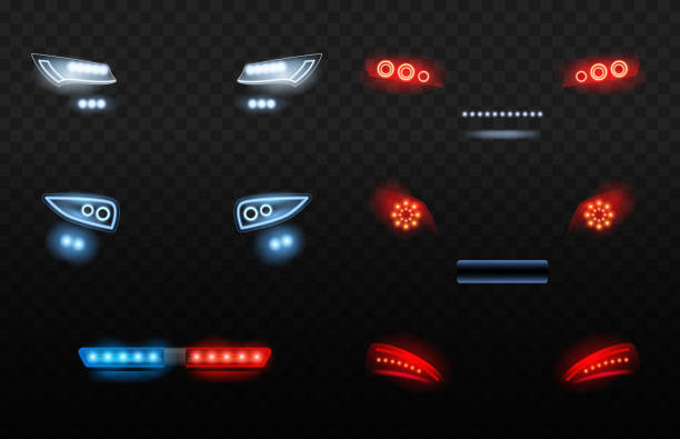 ilustrações de stock, clip art, desenhos animados e ícones de automobile led light. red and white car headlights in night police car vector realistic lights - clear sky flash