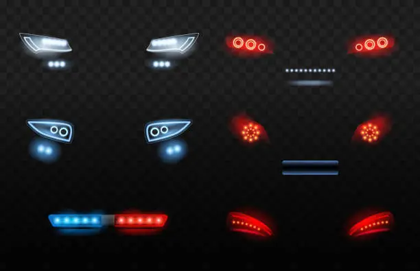 Vector illustration of Automobile led light. Red and white car headlights in night police car vector realistic lights