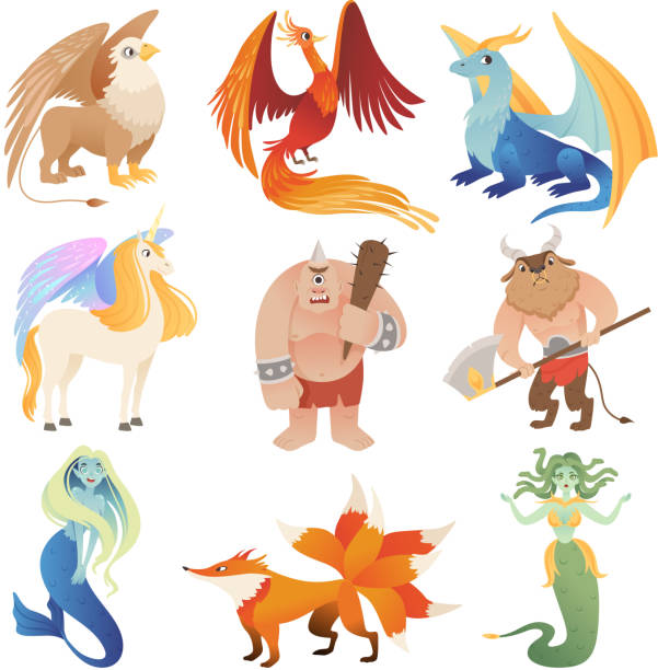 fantastyczne stworzenia. phoenix smok hybrydowy zwierzęta latające lew minotaur centaur wektor kreskówki zdjęcia - smok postać fikcyjna stock illustrations