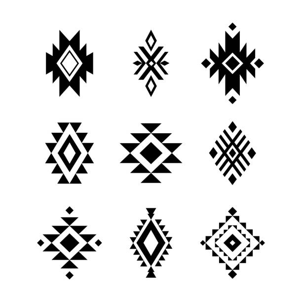 ilustraciones, imágenes clip art, dibujos animados e iconos de stock de azteca/tribal formas, colección de símbolos vector conjunto - ilustraciones de azteca logo