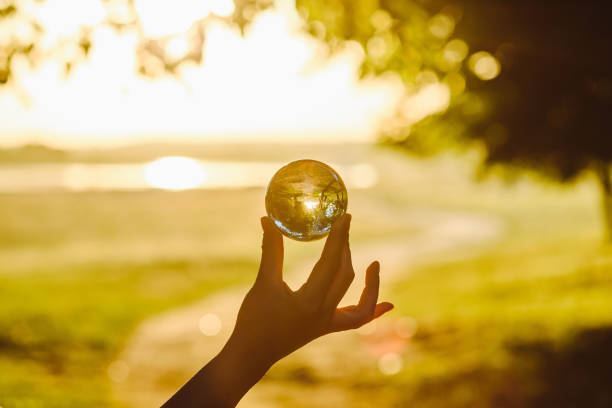 istock Cropped Hand Holding Crystal Ball With Trees Reflection 1135736241