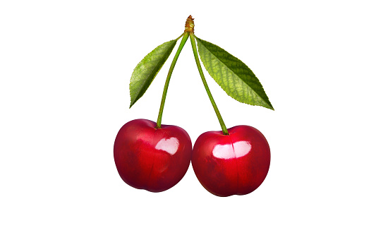 Fresh double cherry with green leaves isolated on a white background