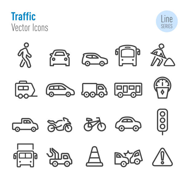 traffic icons-vector line series - man walking bike stock-grafiken, -clipart, -cartoons und -symbole