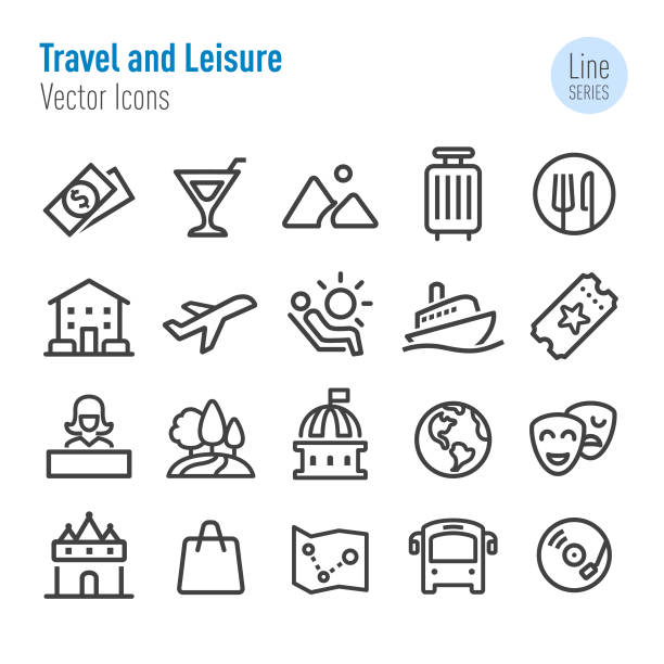 여행 및 레저 아이콘-벡터 라인 시리즈 - usa airport airplane cartography stock illustrations