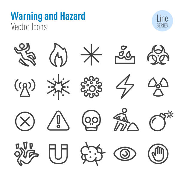 illustrazioni stock, clip art, cartoni animati e icone di tendenza di icone di avvertimento e pericolo - vector line series - danger toxic waste hazardous area sign symbol