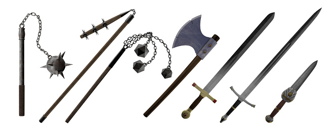 Medieval Hand Weapons, Ax, Sword, Dagger, Morning Star, isolated on white, 3d render