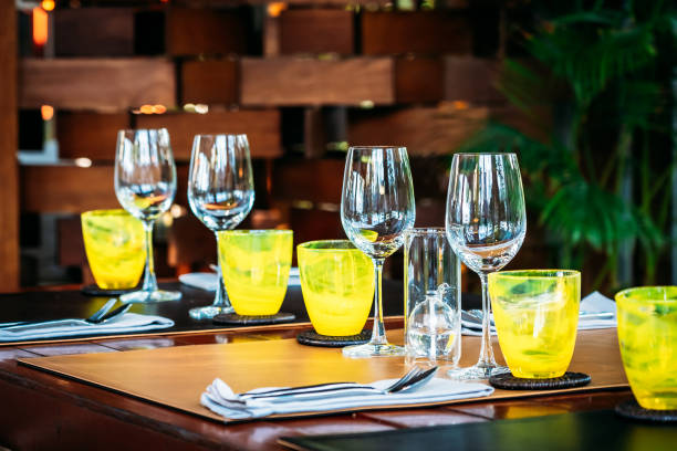 istock Wine glass with dining set prepare for breakfast lunch or dinner on table in restaurant 1135747901