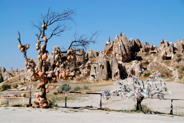 Tree with clay jugs near Göreme in Cappadocia tree decorated with potterey jars in love valley phallus shaped stock pictures, royalty-free photos & images