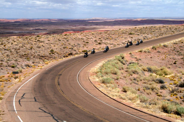 塗装砂漠国立公園でオートバイに乗って - petrified forest national park ストックフォトと画像