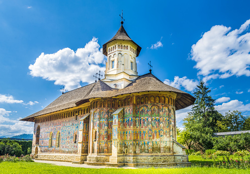 Vatra Moldoviei, Romania - May 08, 2017: Moldovita orthodox church monastery, Moldavia, Bucovina, Romania
