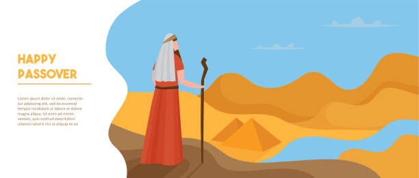 ilustrações de stock, clip art, desenhos animados e ícones de passover card with moses looking at egypt- vector - miracle food