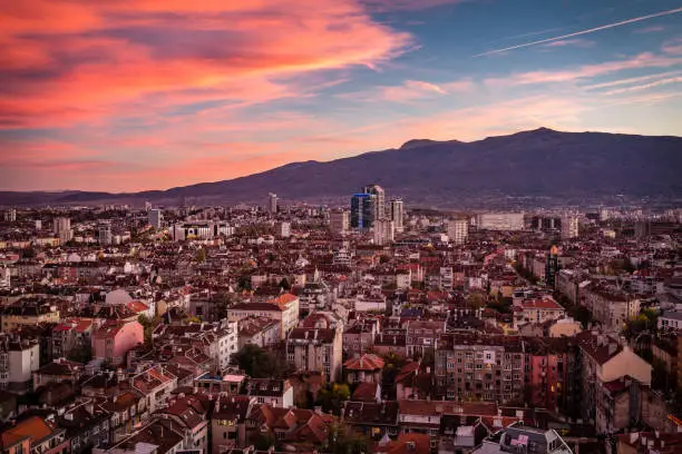 Very detailed panoramic high angle view above city of Sofia, Bulgaria, Eastern Europe during sunset with Vitosha mountain as a background. Shot on Canon EOS full frame system prime lens.