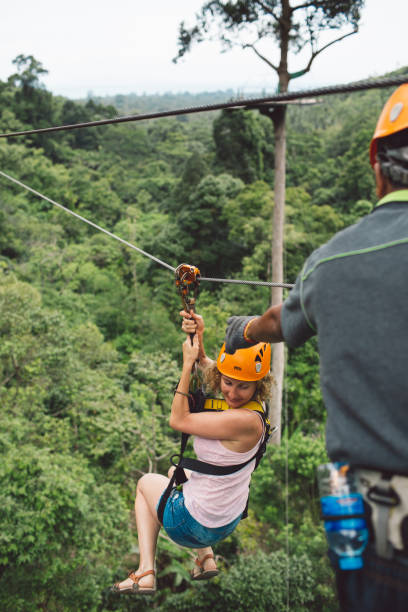 istock Full Length Of Woman Zip Lining At Forest 1135757936