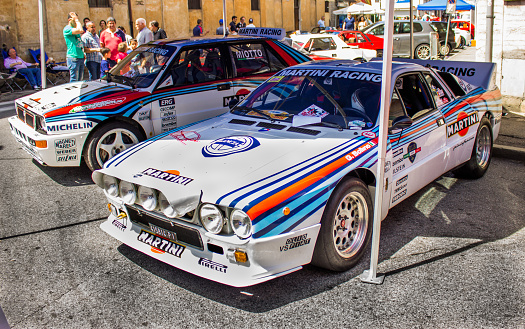 Bra, Cuneo, Italy May, 10, 2015: Lancia Delta integrale e Lancia 037 exhibited for the public during a 