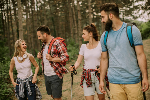istock Group of four friends hiking together through a forest 1135763771