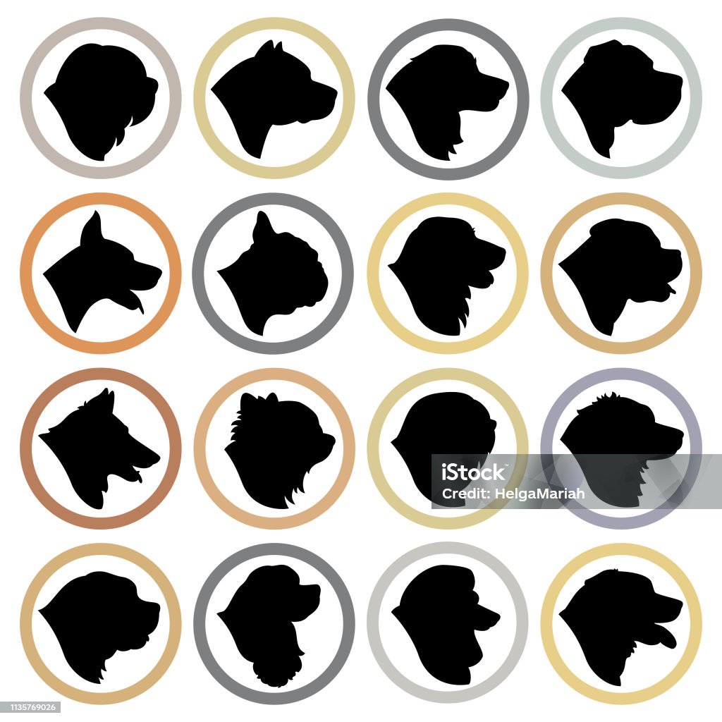 Dog Breeds Head Silhouette Icon Set Vector set of Dog Breeds Head Silhouette Icons. Badge stock illustration