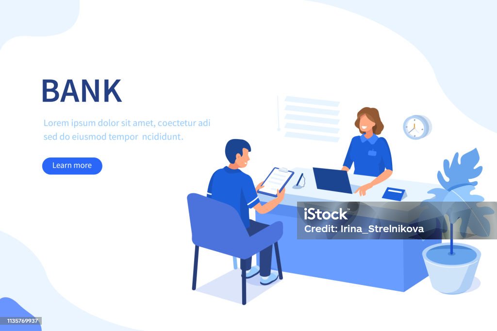 bank Bank manager and client. Can use for web banner, infographics, hero images. Flat isometric vector illustration isolated on white background. Bank - Financial Building stock vector