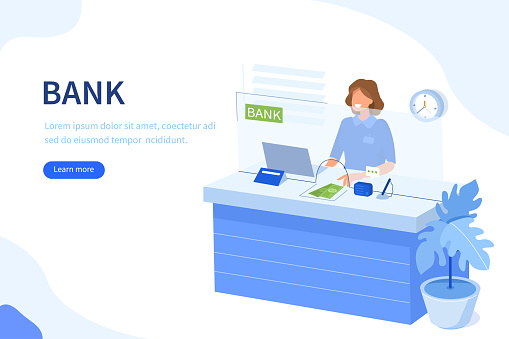 Bank cashier behind cash department window. Can use for web banner, infographics, hero images. Flat isometric vector illustration isolated on white background.