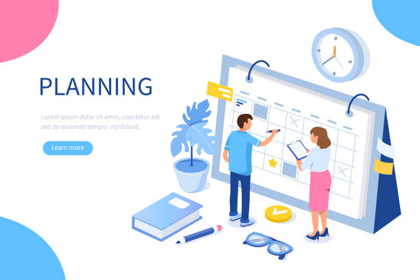 planning Planning schedule and calendar concept. Can use for web banner, infographics, hero images. Flat isometric vector illustration isolated on white background. writing tools stock illustrations