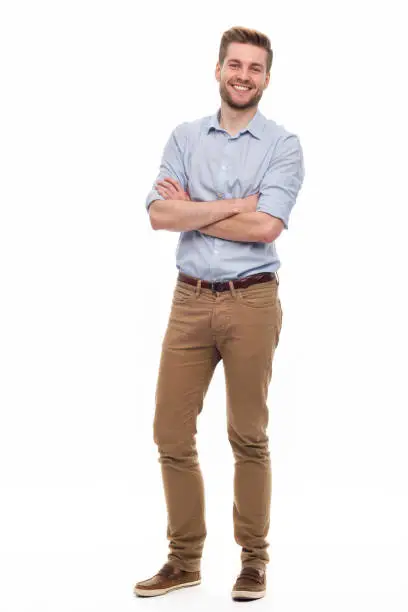 Photo of Full length portrait of young man standing on white background