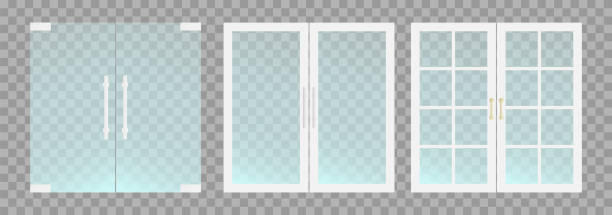 Flat transparent glass doors with handles. Vector illustration. Flat transparent glass doors with handles. Vector illustration facade stock illustrations