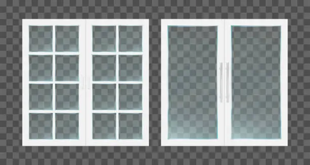 Vector illustration of Realistic white pvc transparent glass doors with metallic handles. Vector illustration.