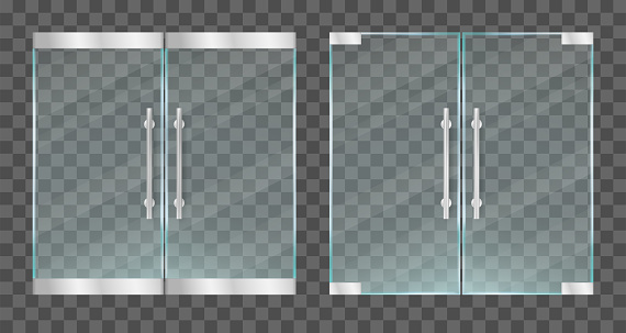 Realistic transparent glass doors with metallic handles. Vector illustration.
