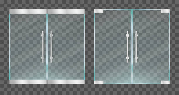 Realistic transparent glass doors with metallic handles. Vector illustration. Realistic transparent glass doors with metallic handles. Vector illustration supermarket borders stock illustrations
