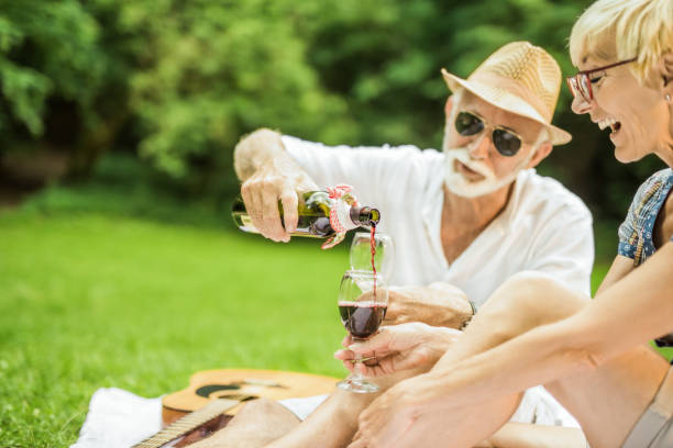 istock Happy senior couple enjoying wine while on a picnic in nature. 1135775470