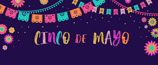 cinco de mayo-5. mai, bundesfeiertag in mexiko. fiesta banner und plakatgestaltung mit fahnen, blumen, dekorationen - mexico mexican culture carnival paper stock-grafiken, -clipart, -cartoons und -symbole