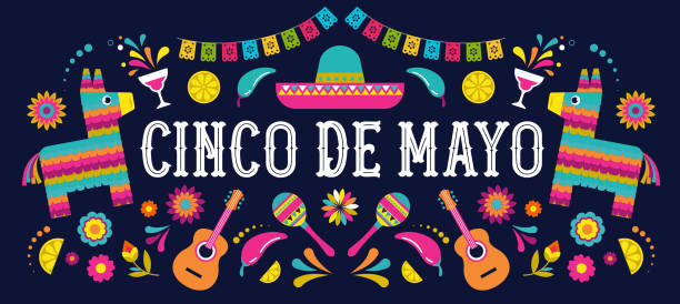 싱코 데 마요-5 월 6 일, 멕시코 연방 공휴일. 플래그, 꽃, 장식으로 피에 스타 배너 및 포스터 디자인 - 스페인어 일러스트 stock illustrations