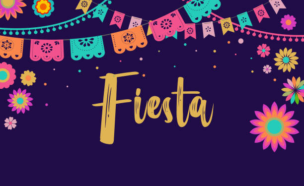 mexikanisches fiesta-banner und plakatdesign mit fahnen, blumen, dekorationen - mexico mexican culture carnival paper stock-grafiken, -clipart, -cartoons und -symbole
