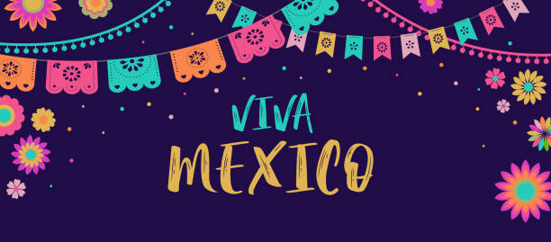 viva mexico-mexikanisches fiesta-banner und plakatdesign mit fahnen, blumen, dekorationen - mexico mexican culture carnival paper stock-grafiken, -clipart, -cartoons und -symbole