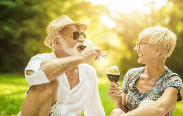 istock Happy senior couple enjoying wine while on a picnic in nature. 1135776800
