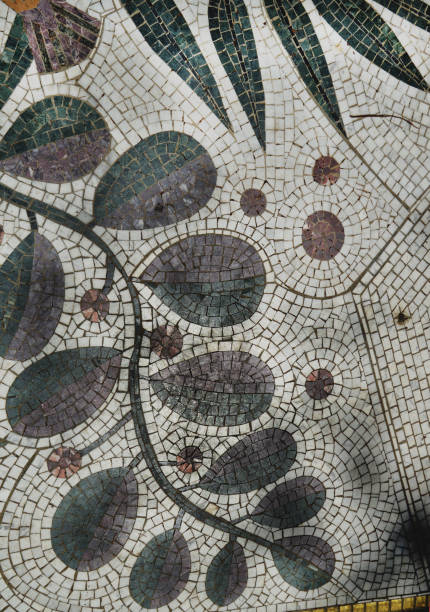 Colorful mosaic tile with plant pattern, authentic, top view