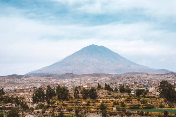 Arequipa suburban landscape with Misti volcano behind in Peru