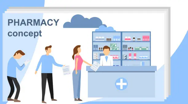 Vector illustration of Doctor pharmacist and patient in drugstore. Patient and pharmacist doctor infographic, healthy recipe element, medicament for aid, professional medication. Can use for web banner, infographics