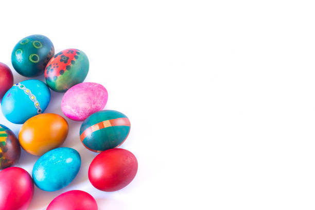 istock Colorful easter eggs isolated on white background with place for text 1135778773