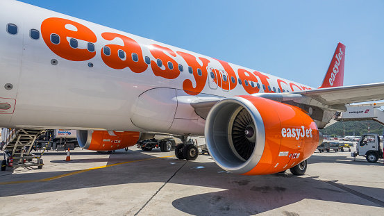 Rhodes, Greece - June 15th 2016: Airplane of the company Easyjet  parked for boarding and disembarkation of passengers.  EasyJet, is a British low-cost airline based at London Luton Airport. It operates domestic and international scheduled services on over 1,000 routes in more than 30 countries.