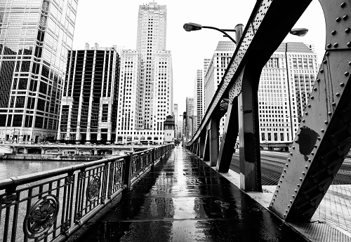 Downtown Chicago Bridge. Black And White.