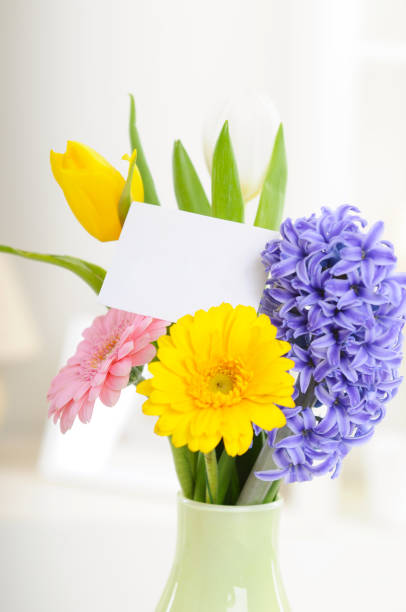 꽃과 카드의 꽃다발 - bouquet tulip greeting card gerbera daisy 뉴스 사진 이미지