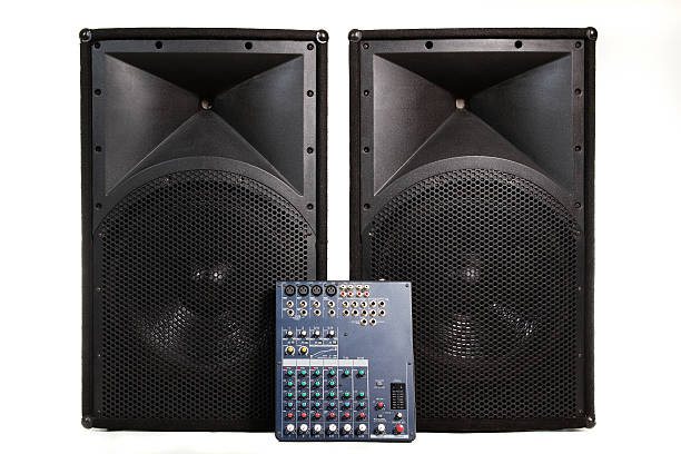 istock Speakers and sound mixer on white 113578495