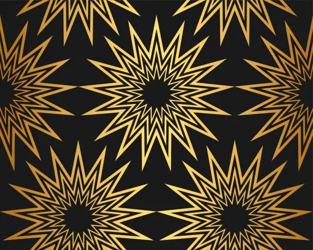 Vector illustration of Golden texture. Seamless geometric flower stars thin lines pattern. Golden wallpaper. Vector seamless pattern. Floral  repeat geometric background. Abstract geometric pattern.