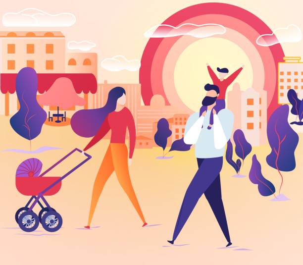 illustrations, cliparts, dessins animés et icônes de famille marchant ensemble à la rue de ville le week-end. - mother baby carriage women walking